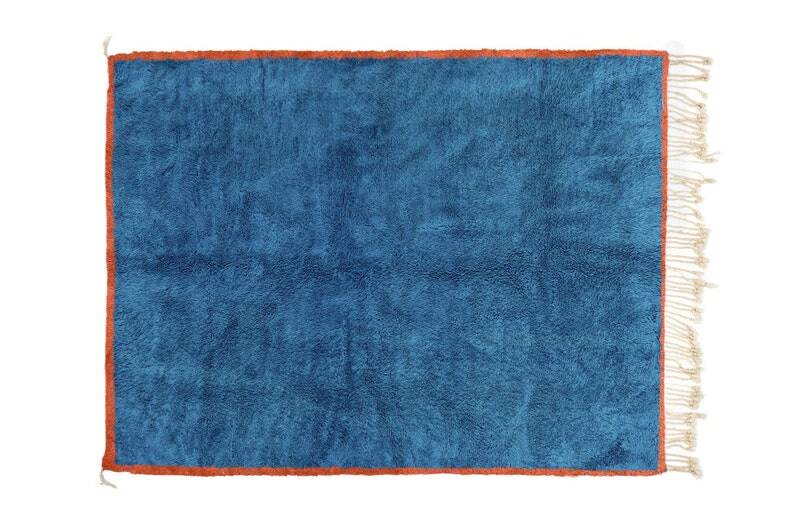 Moroccan blue rug with orange, black, gray, brown square 250cmx150cm