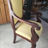 2 antique matching armchairs in wood and fabric