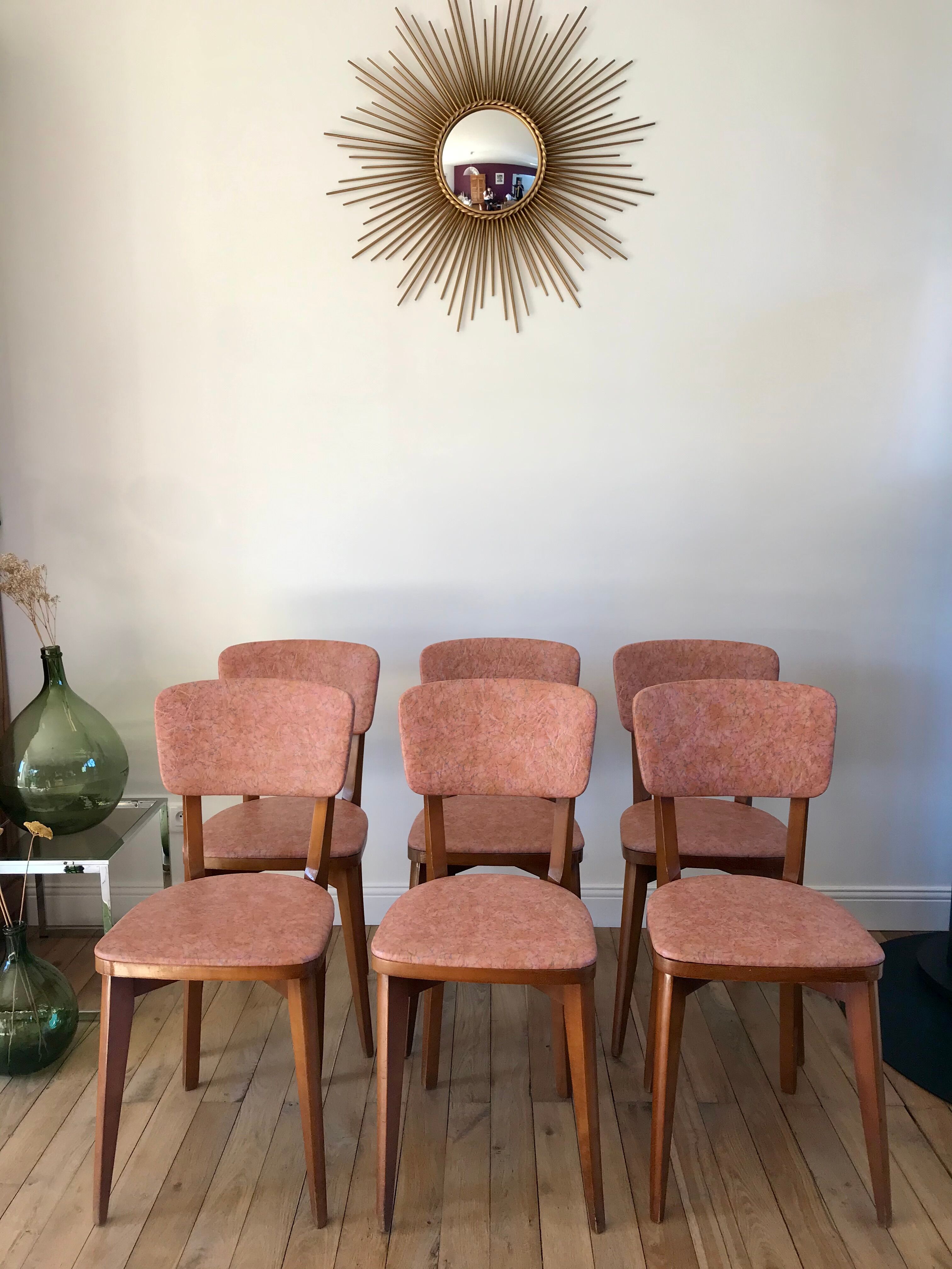 Set of 6 Scandinavian chairs in beech wood and pastel skaï 50s