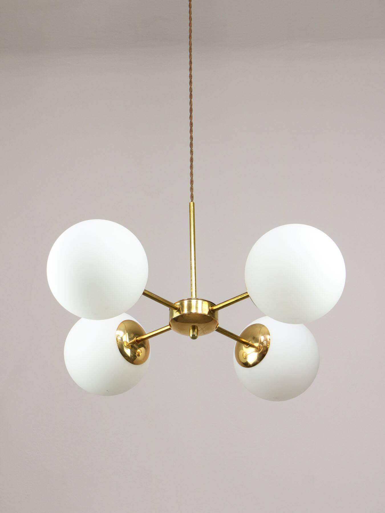 Italian Mid Century Golden Sputnik Chandelier with Opaline Shades, 1960s