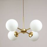 Italian Mid Century Golden Sputnik Chandelier with Opaline Shades, 1960s