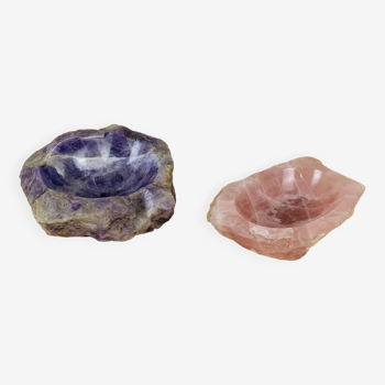 2 vide poches baguier en pierre, quartz rose et améthyste