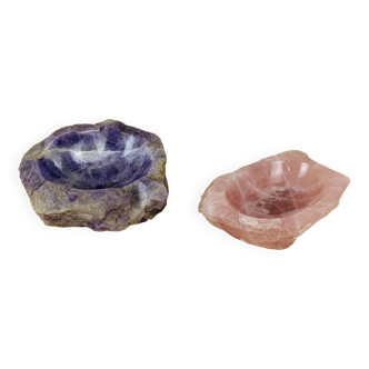 2 vide poches baguier en pierre, quartz rose et améthyste