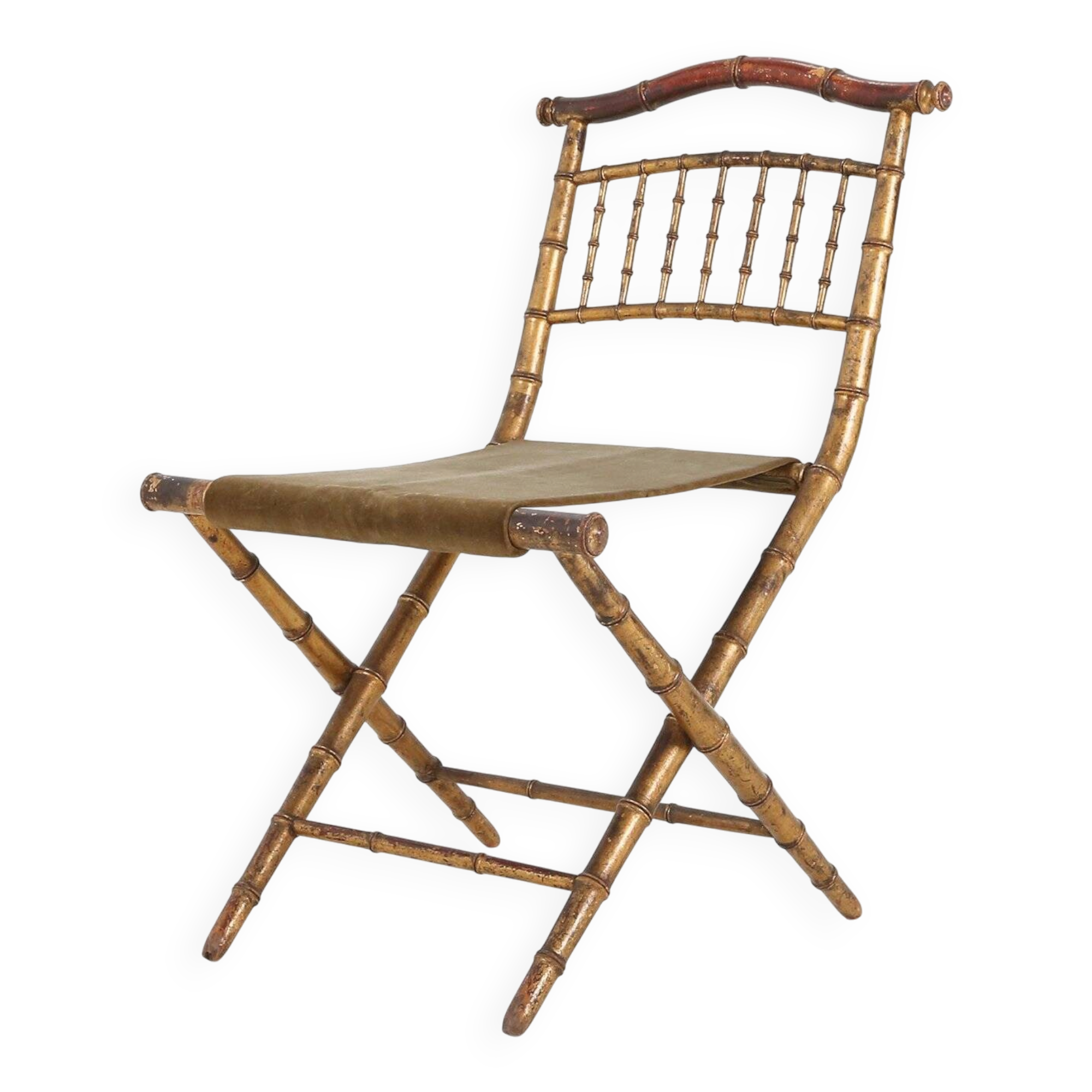 Chaise pliante en faux bambou en bois doré et tissu vert, France vers