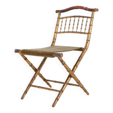 French Faux‑Bamboo Folding Chair in Gilded Wood and Green Fabric, France ca