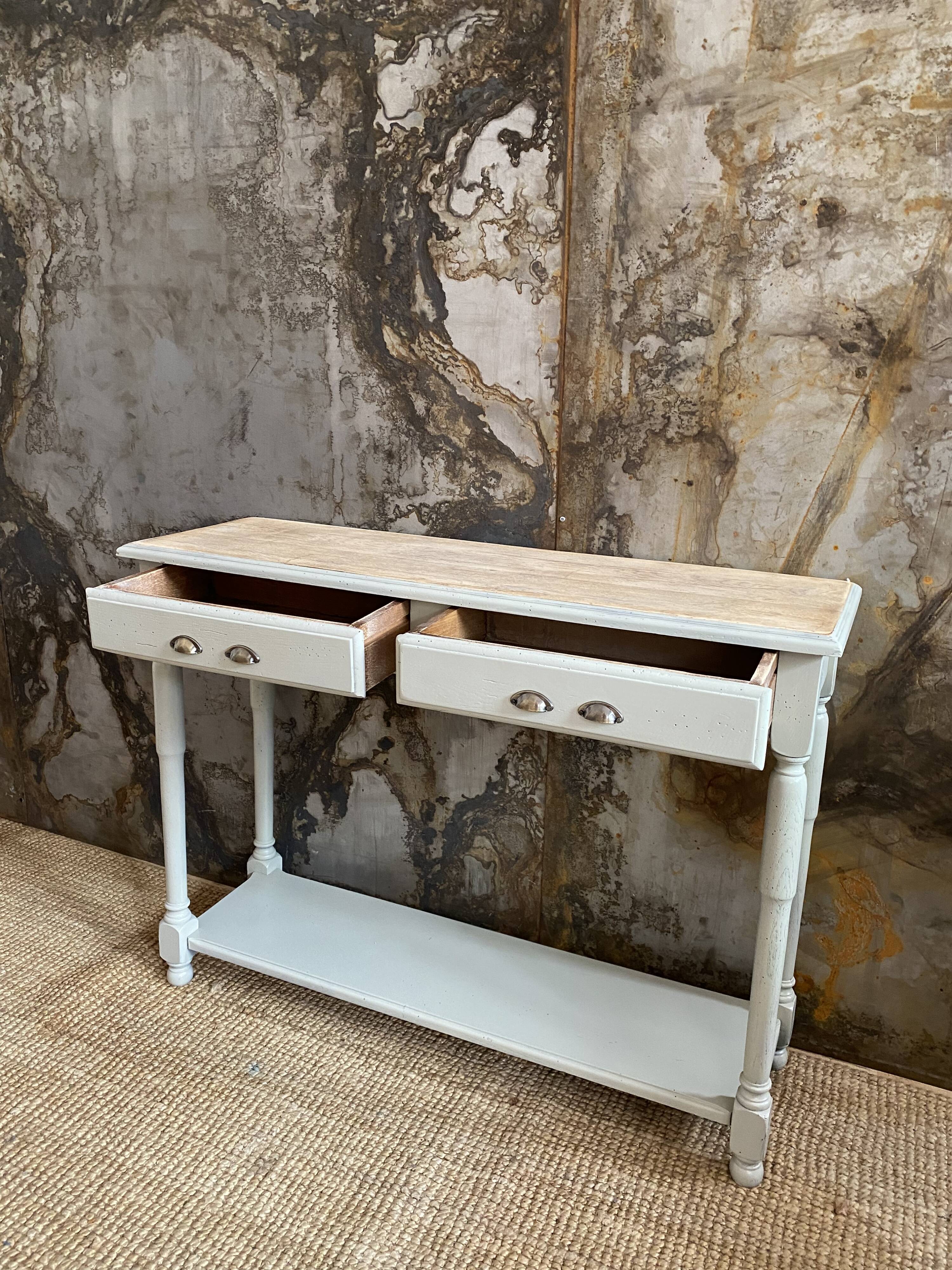 Drawer console raw wood & gray green