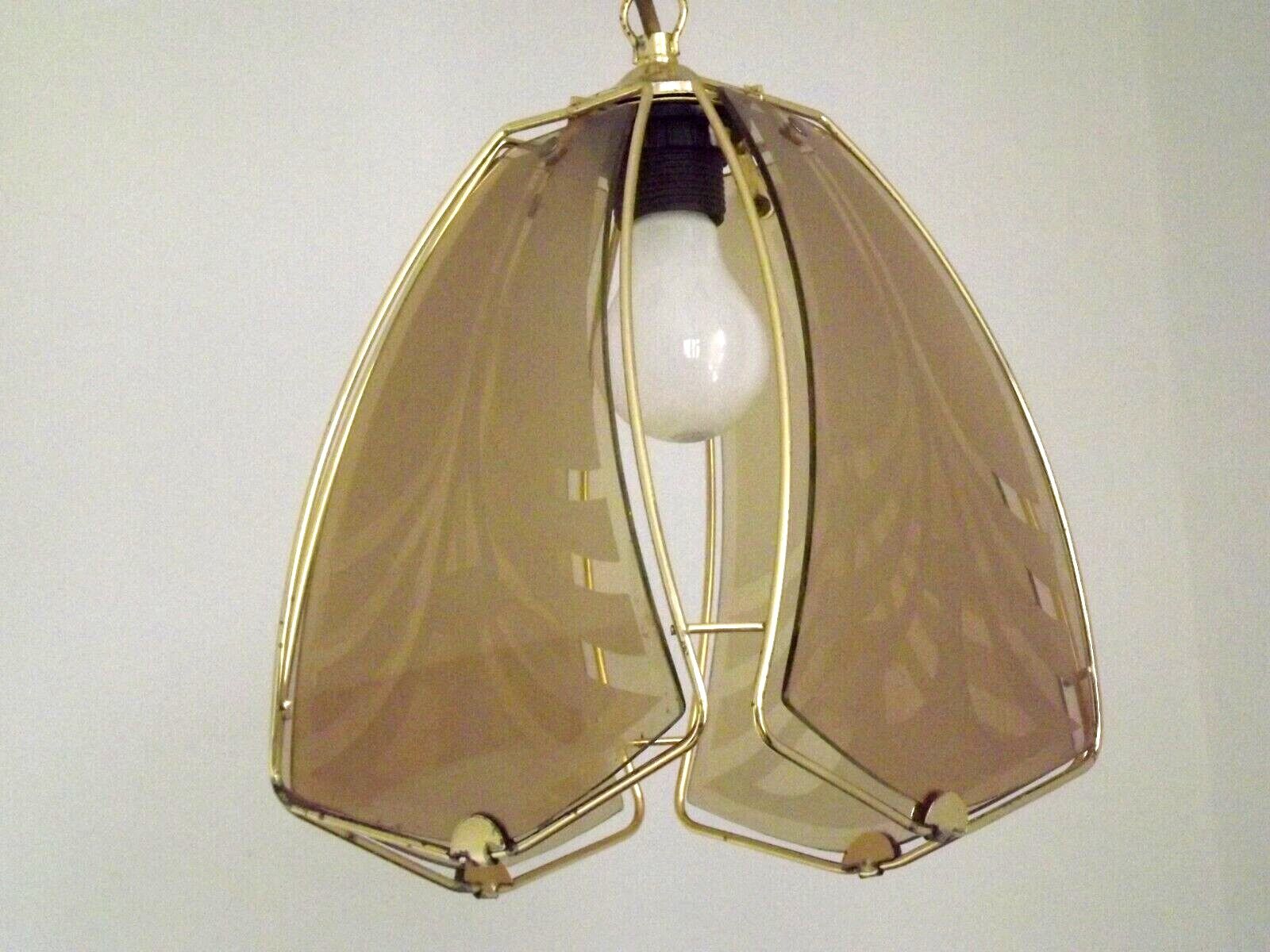 French ceiling light in gold metal with 4 decorative glass panels.