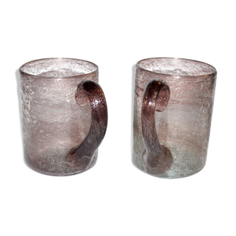 Lot de 2 tasses vintage en verre bullé rose - Verres Chope en verre soufflé ARTISANAL Biot?