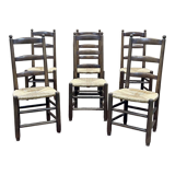 Series of 6 brutalist chairs from the 1950s - oak and straw seat
