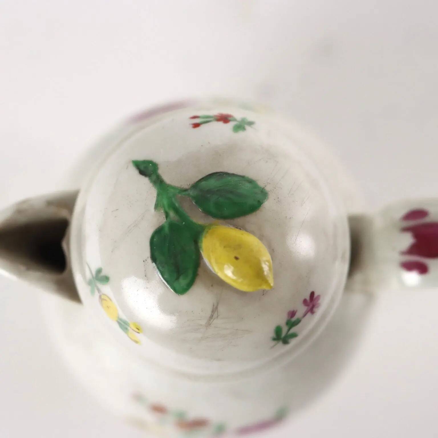 Antique white porcelain coffee pot from Vienna, painted, 18th century.