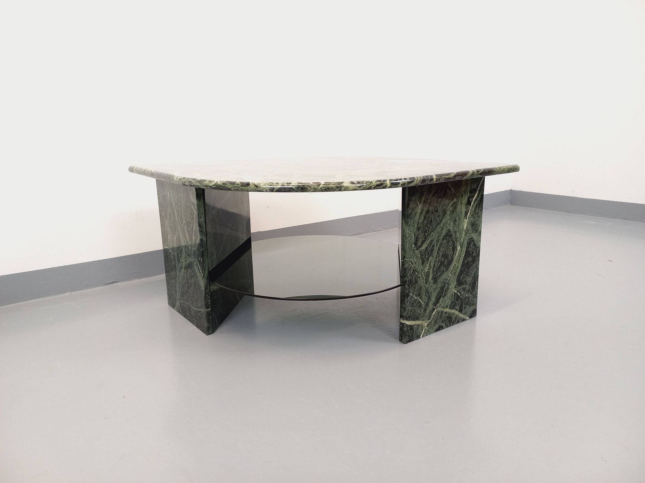 Vintage square coffee table with 2 green marble and smoked glass tops