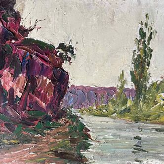 Tableau HSP "Paysage de rivière" lumineux - technique au couteau