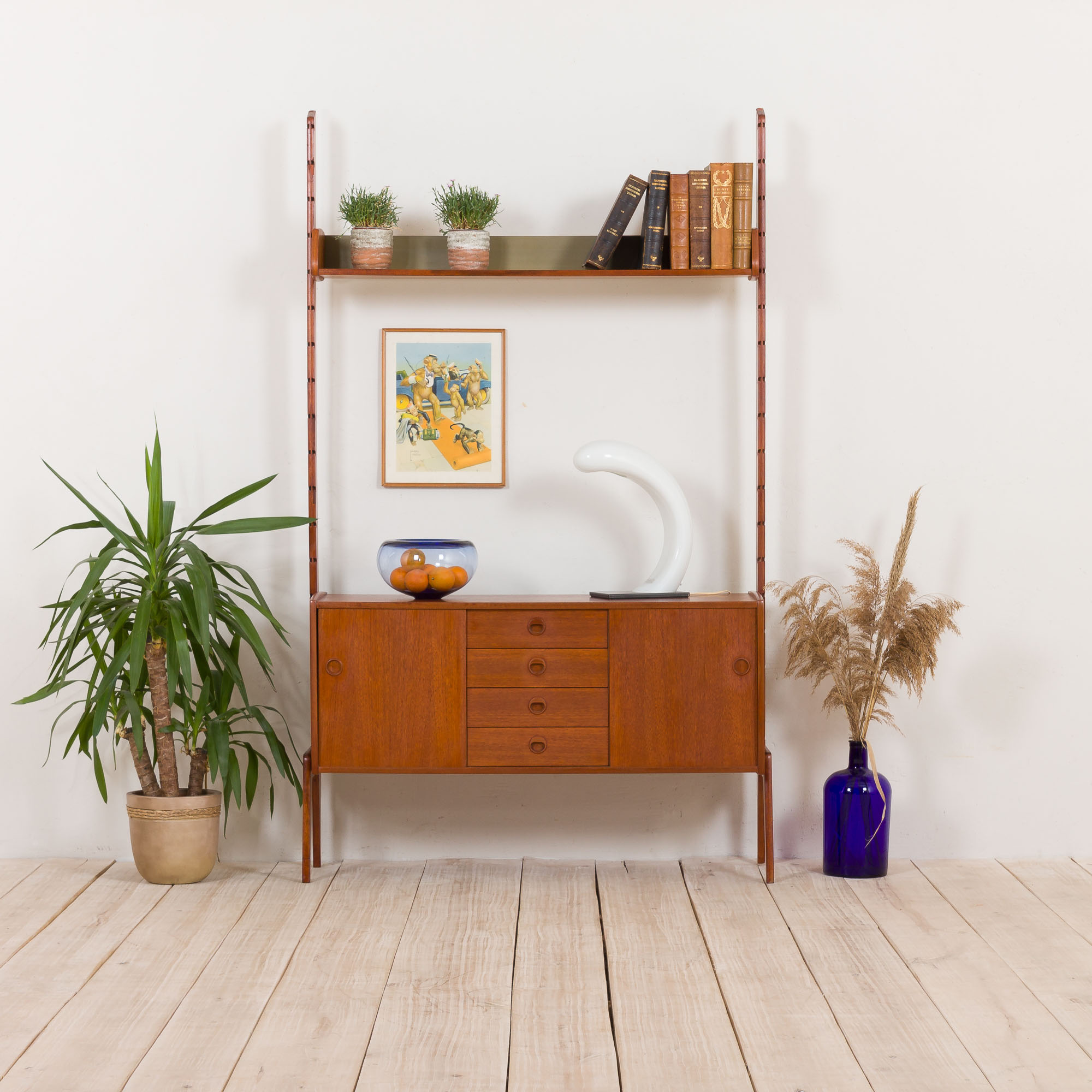 Ergo Wall Unit in teak with floating sideboard and a shelf by J. Texmon for Blindheim Møbelfabrikk