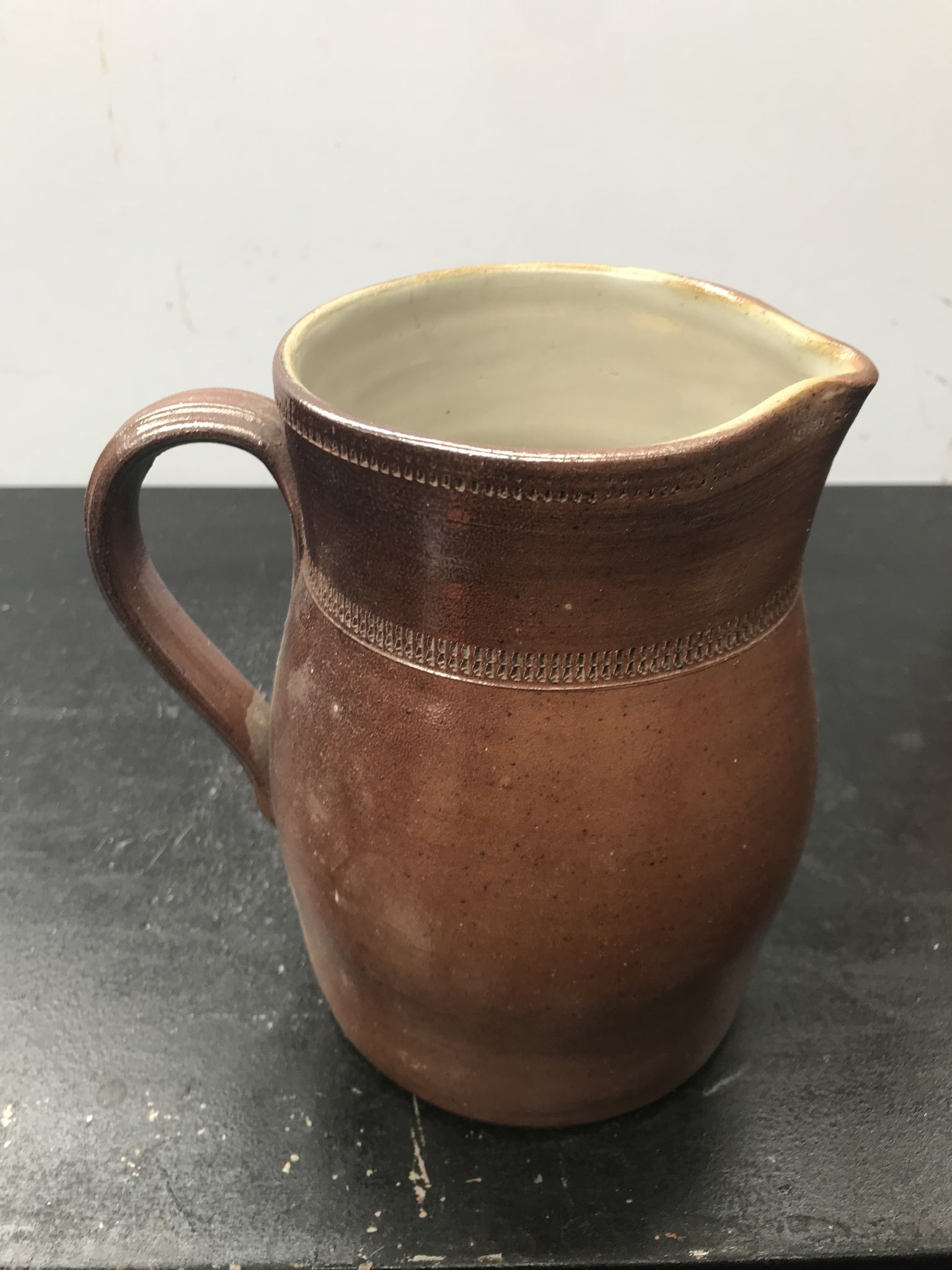 Former pitcher brown sandstone interior white 70s vintage