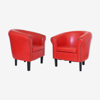 Pair of armchairs in red imitation leather vintage