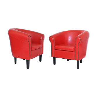 Pair of armchairs in red imitation leather vintage