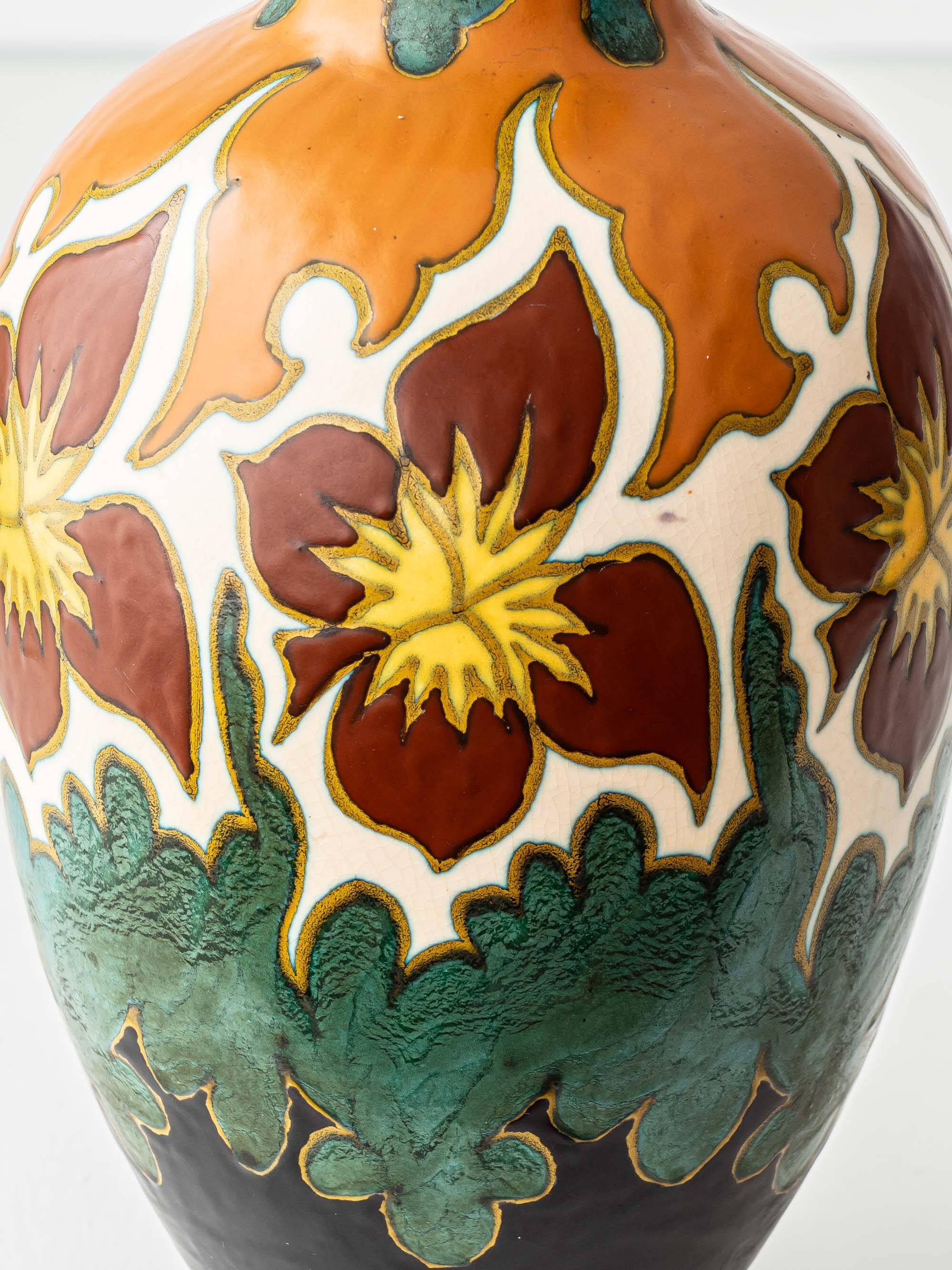 Gouda Pottery Table Lamps, Pair, Dutch Art Deco Floral, New Silk Shades