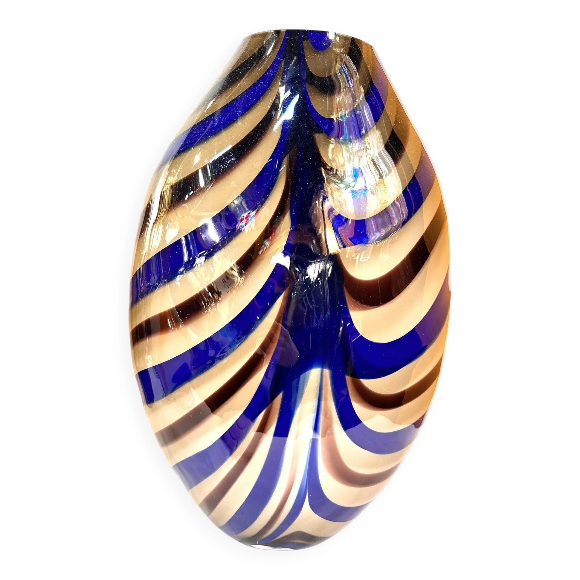 Artistic Italian vase in beige hand-made Murano glass with blue and brown R.