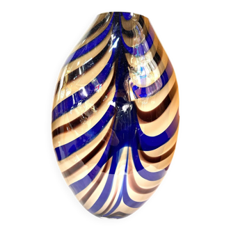 Artistic Italian vase in beige hand-made Murano glass with blue and brown R.
