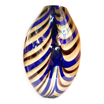 Artistic Italian Vase in Beige Hand-Made Murano Glass With Blue and Brown R