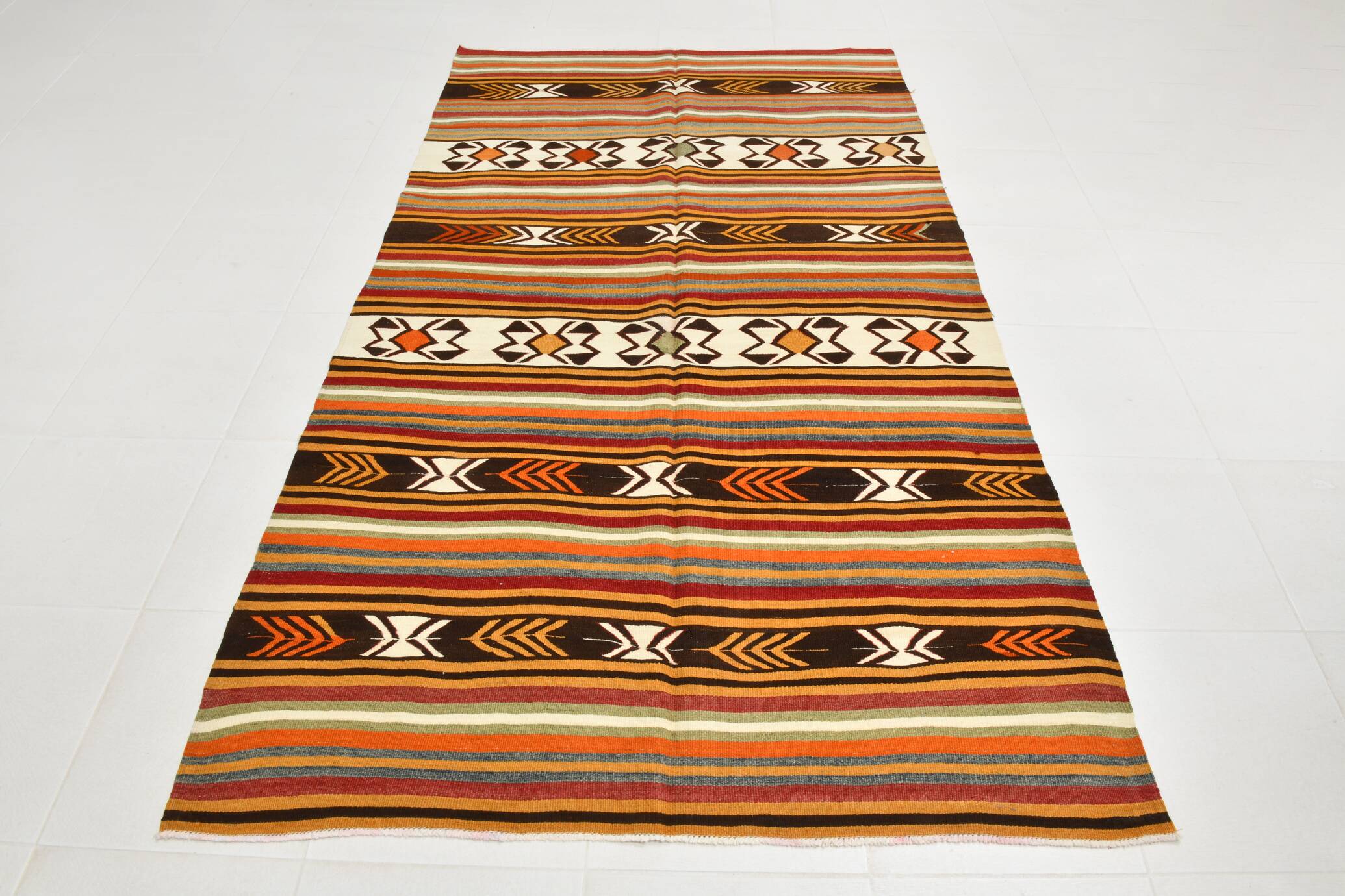 5x9 Striped Anatolian Kilim Rug, Turkish Kilim Rug, 148x264Cm