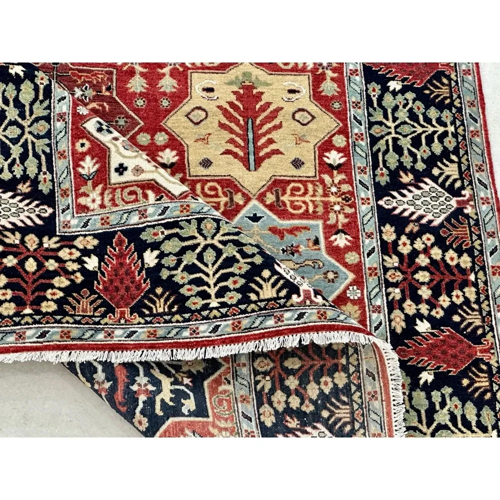 Hand-Knotted Wool Area Rug, Red Geometric Botanical Carpet for Living Room