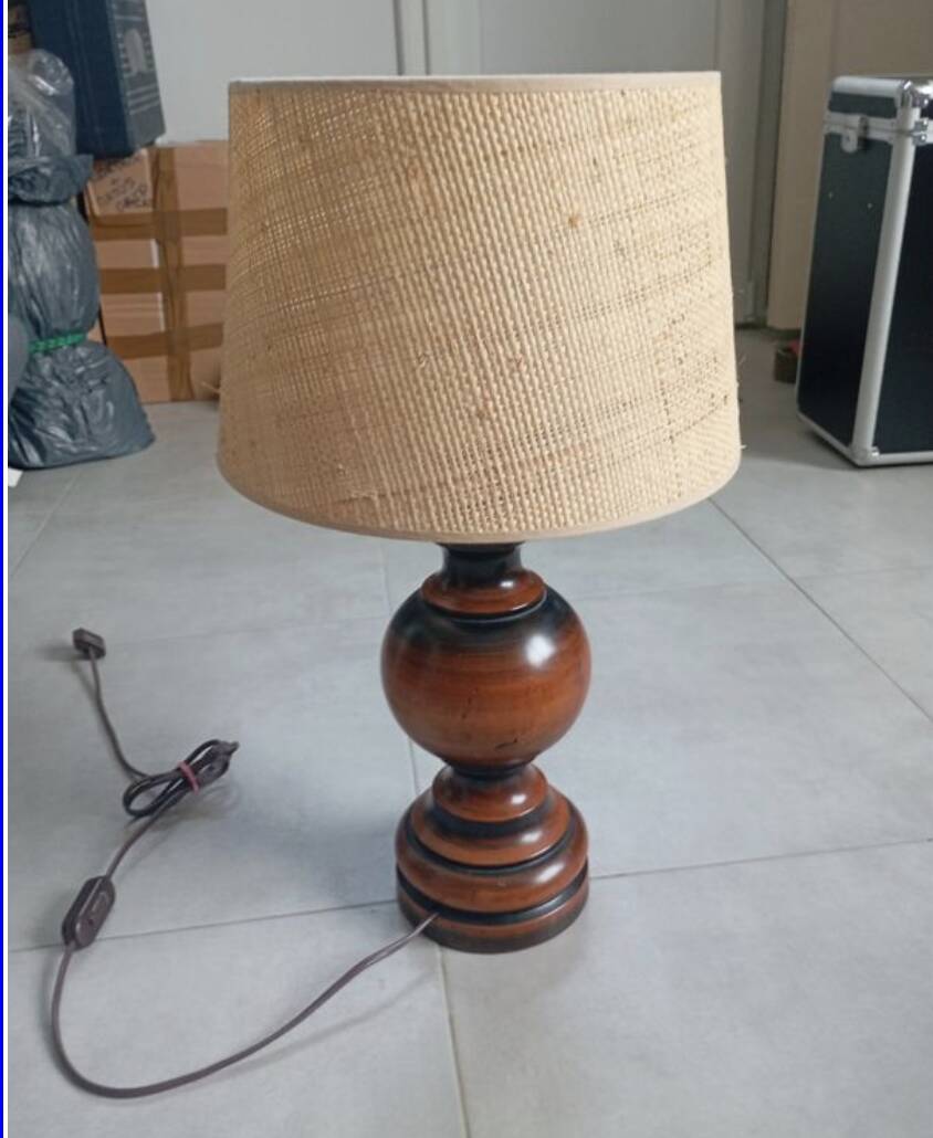Vintage turned wooden lamp with raffia shade – 1970s