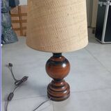 Vintage turned wooden lamp with raffia shade – 1970s
