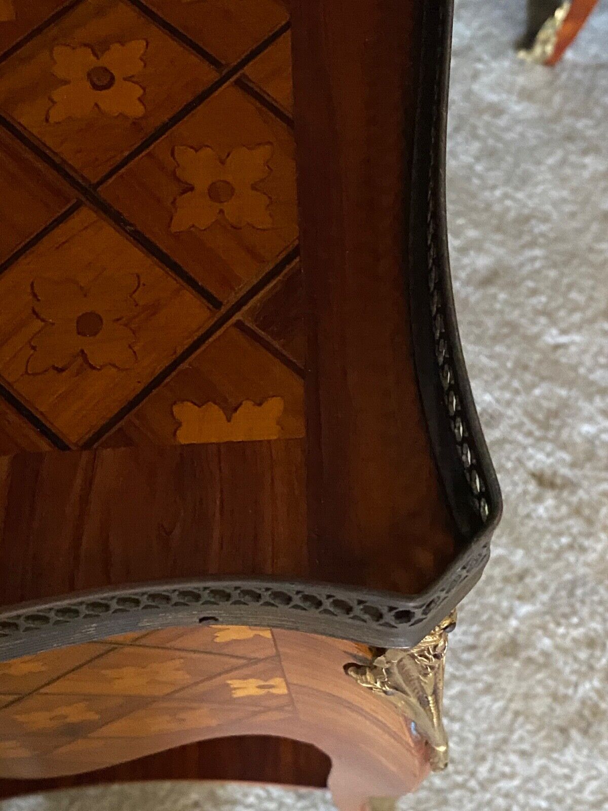 Pair of bedside tables Louis XV style marquetry with shamrocks and XXth bronze