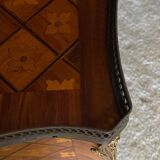 Pair of bedside tables Louis XV style marquetry with shamrocks and XXth bronze