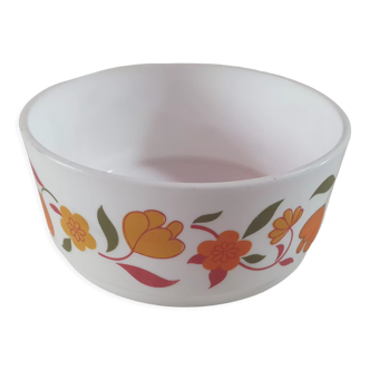 Vintage round dish white with orange flowers, able to go in the oven 17cm diameter by 8cm high