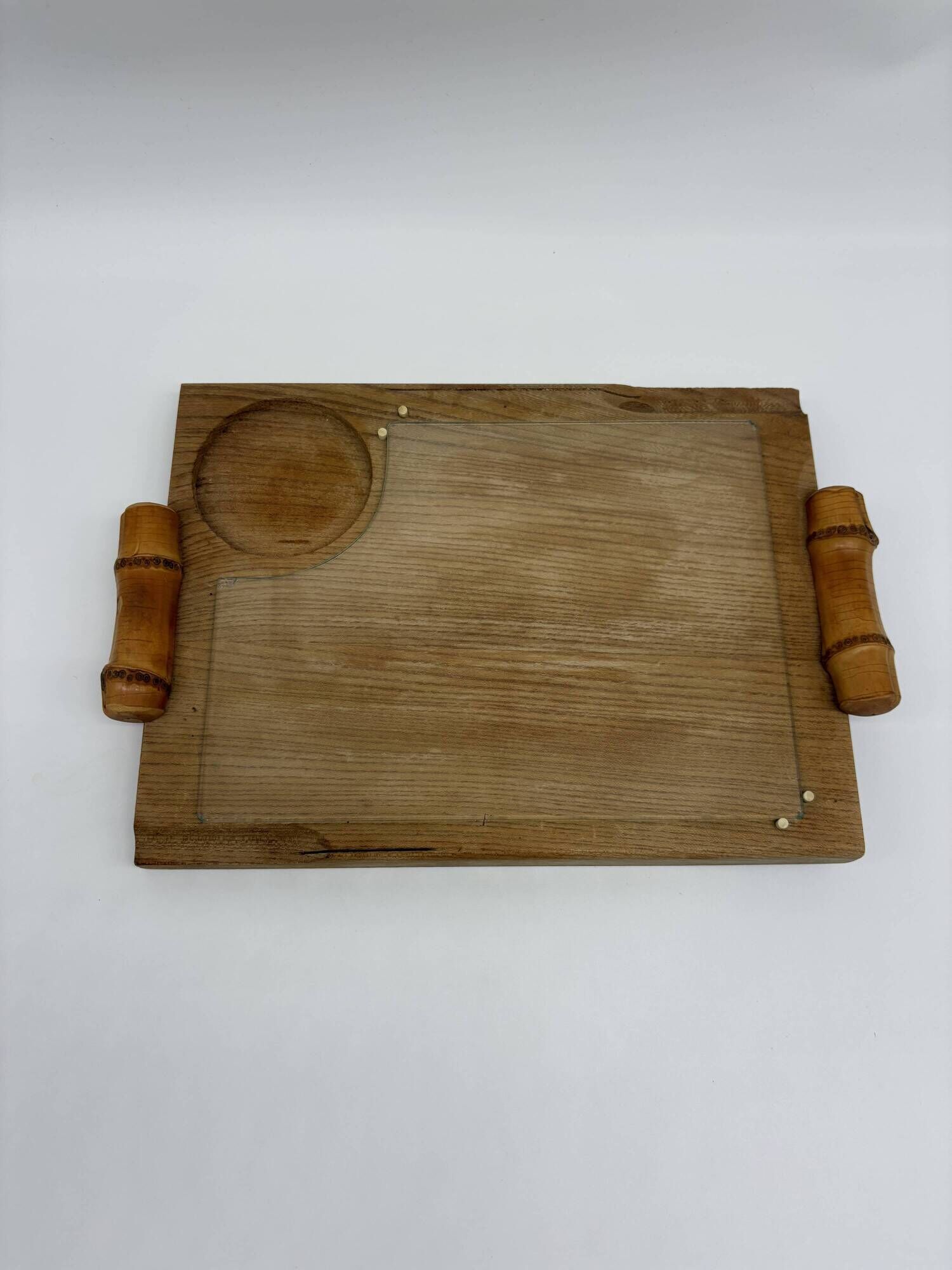 Wood and bamboo vintage plateau, glass, 1960