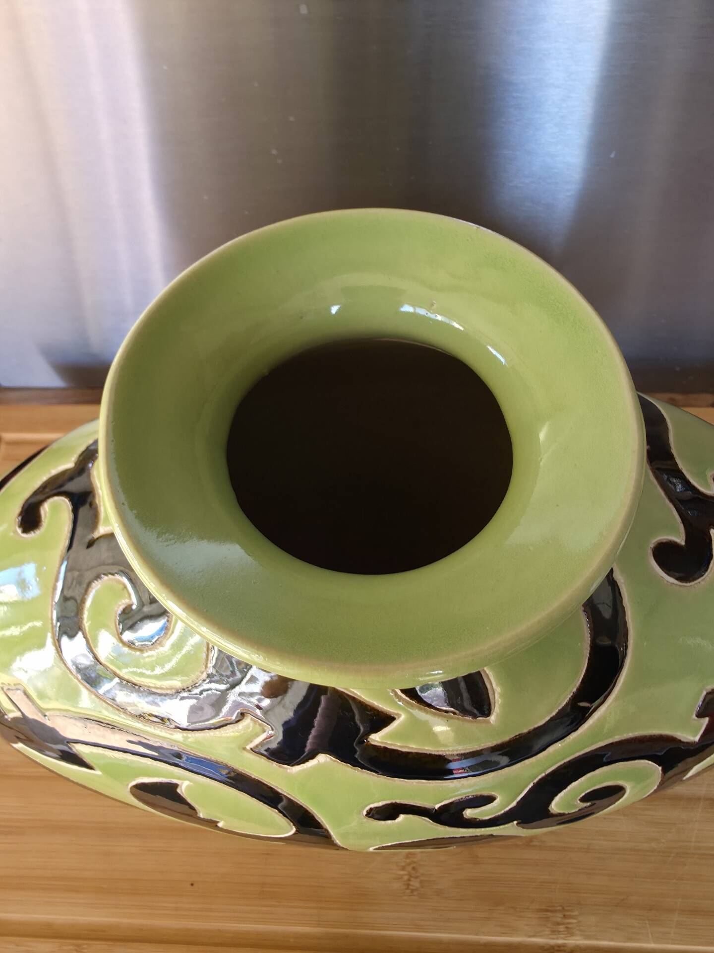 Vintage ceramic pebble vase green & black 35 cm