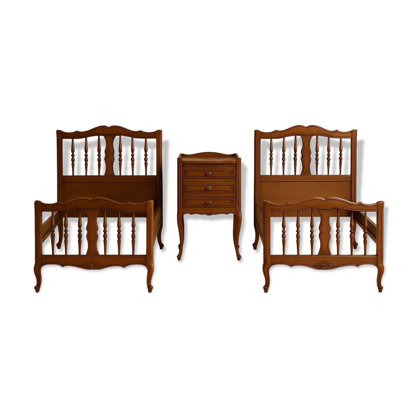 2 beds and a vintage bedside table in solid cherry wood