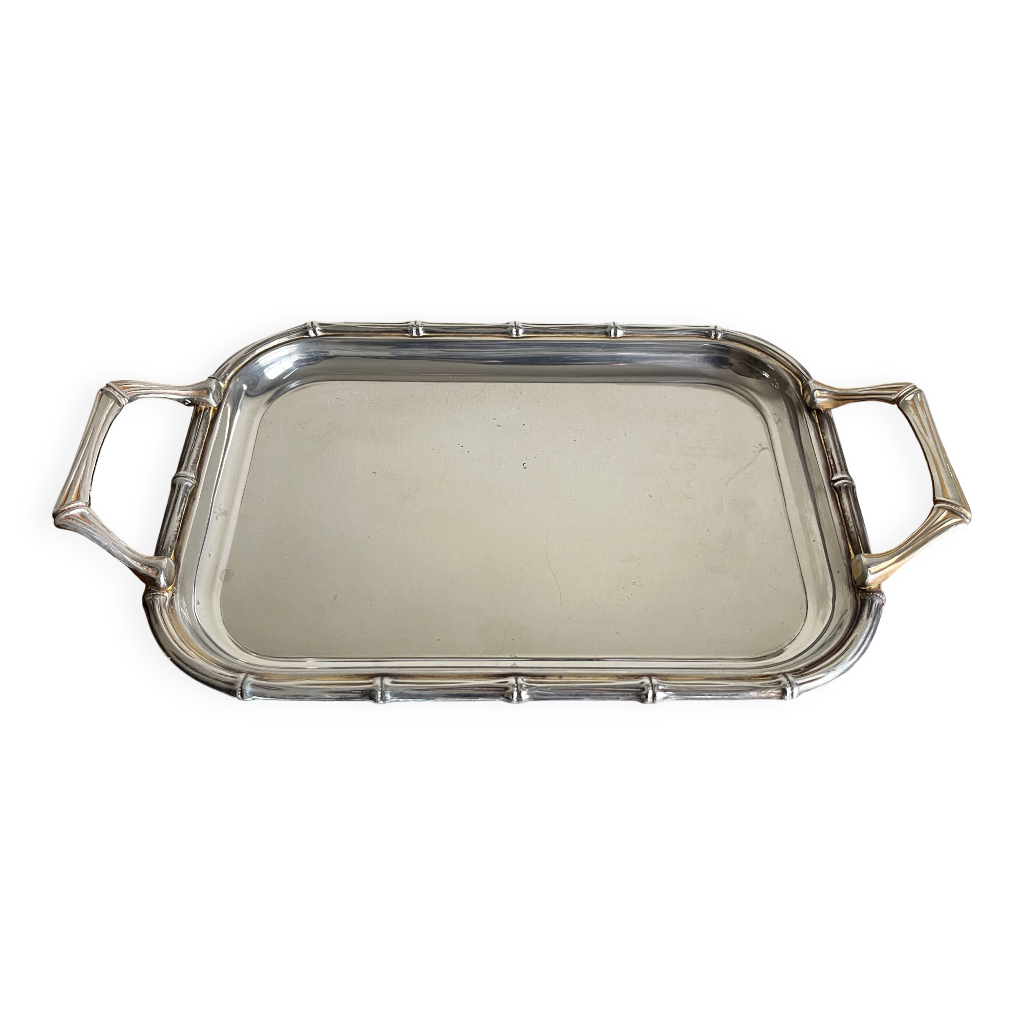 Silver-plated faux bamboo tray USA 1970 Hollywood Regency