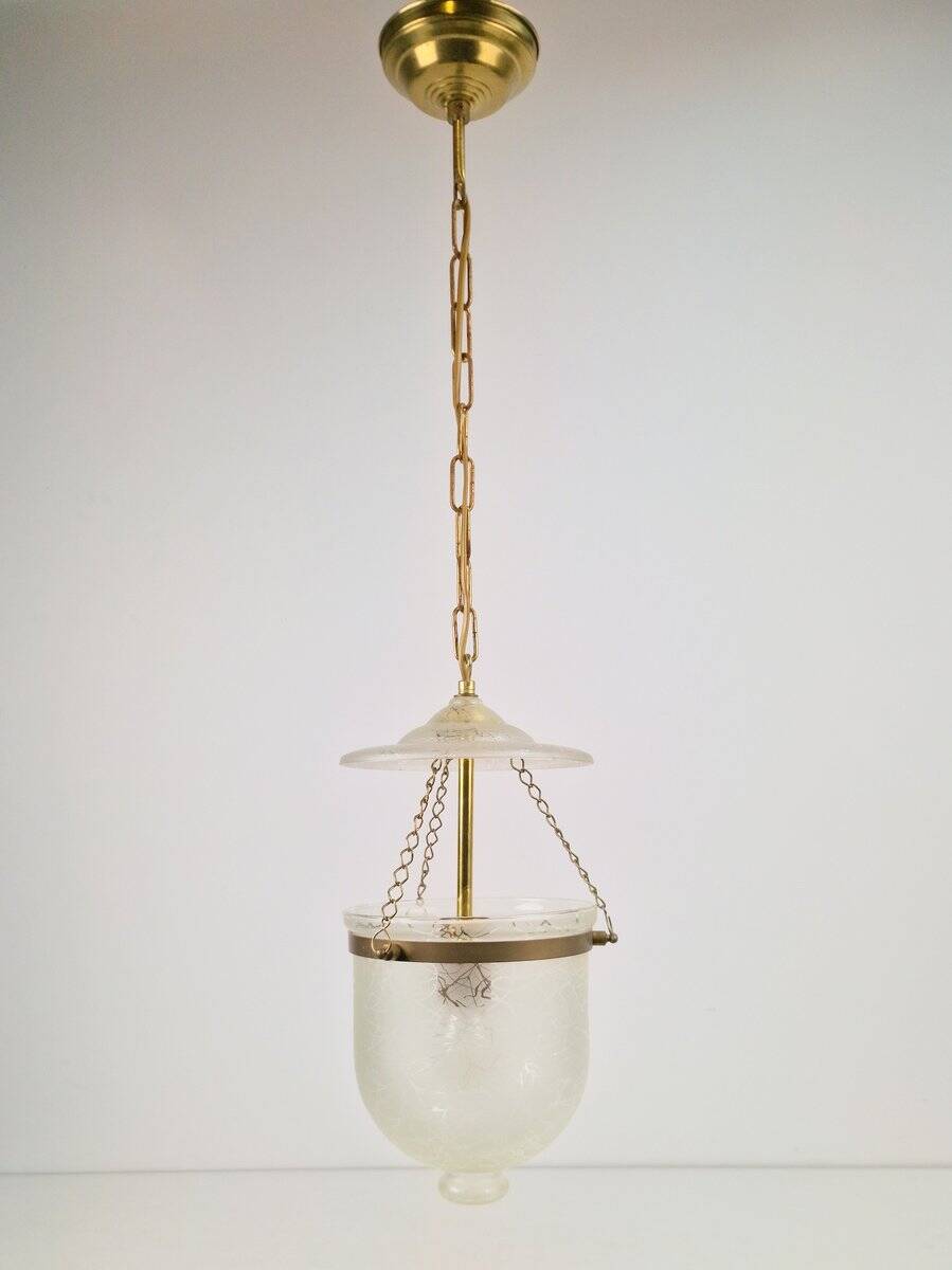 Vintage Brass and Mounted Glass Hundi Lantern Bell Lamp, 1950s