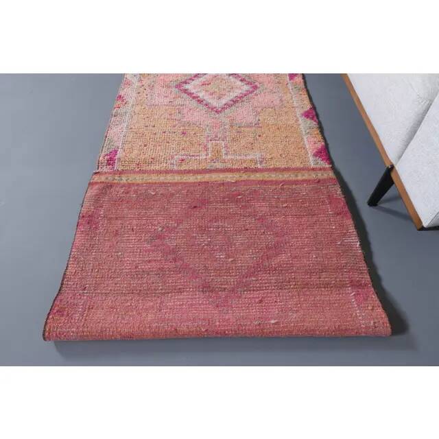 Vintage Turkish Hand-Knotted Wool Cotton Orange Runner Rug 83x355