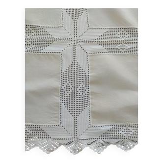 Nappe vintage crochet/lin fait main français