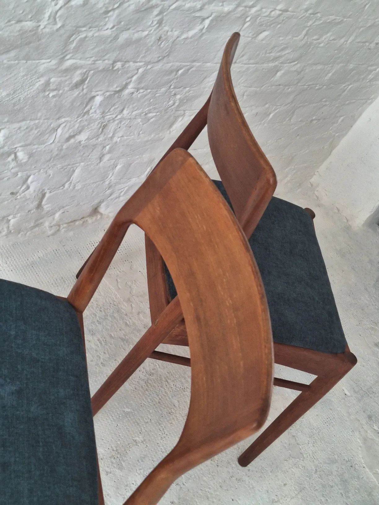Pair of Henning Kjaernulf teak dining chairs sea blue-green, Denmark 1960s