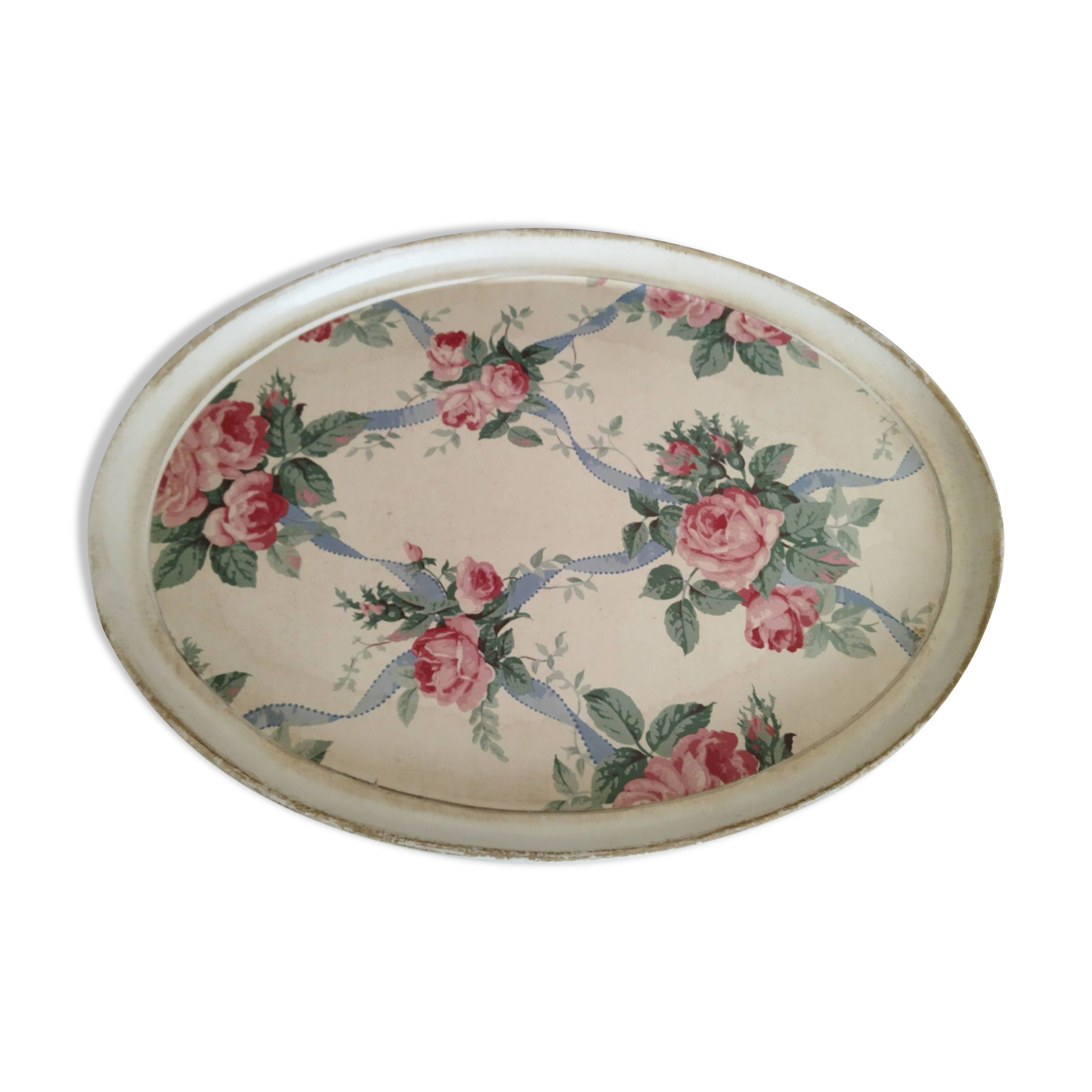 Oval resin tray with rose and ribbon pattern