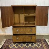 1950s English sideboard with drawers, Art Deco style, in walnut burl.