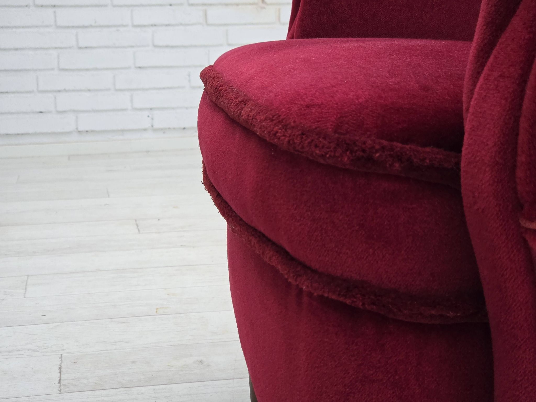 1960s, Danish armchair, cherry-red furniture velour, beech wood legs.