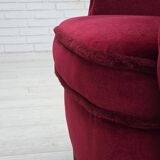 1960s, Danish armchair, cherry-red furniture velour, beech wood legs.
