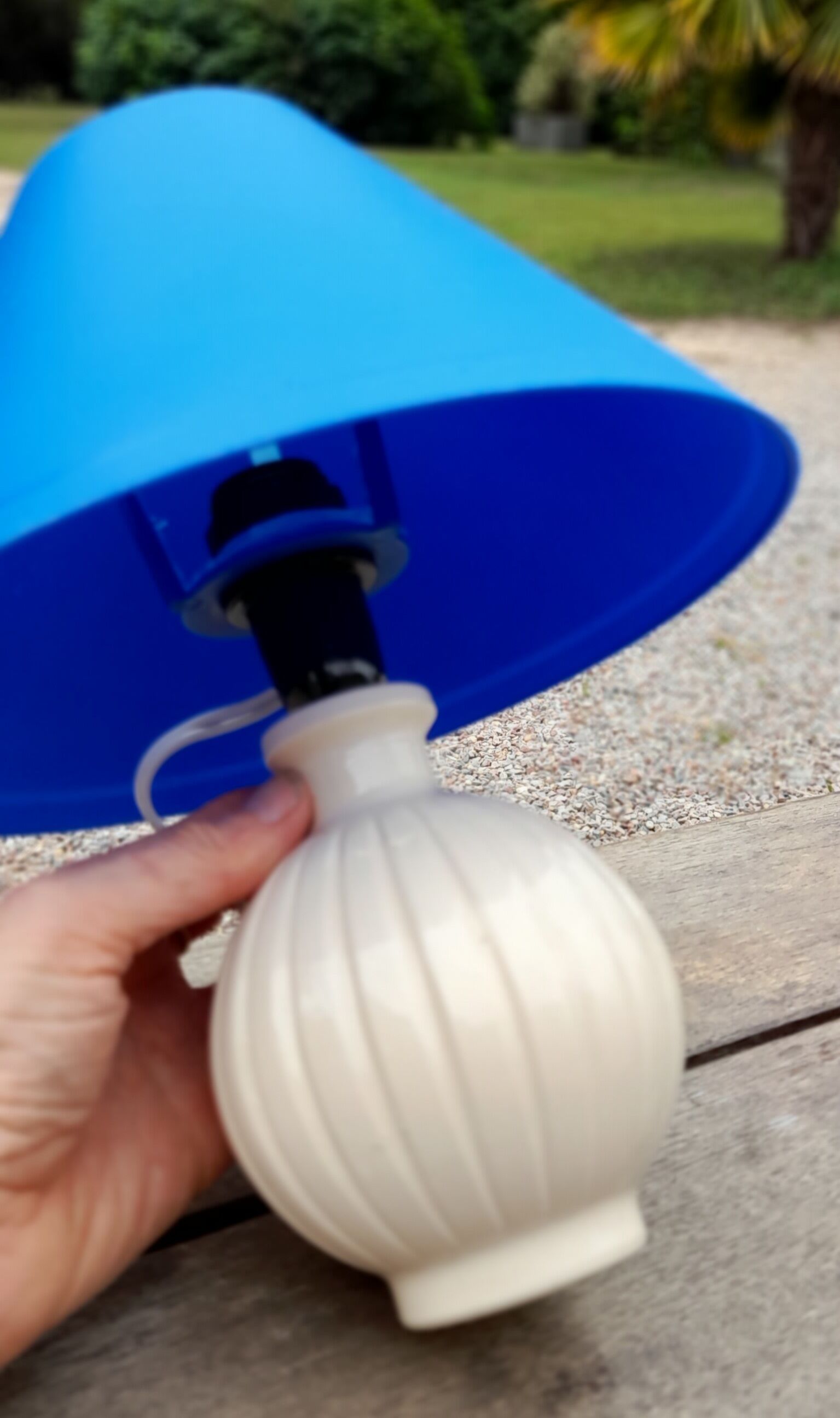 Bedside lamp, ceramic ball foot cream, blue lampshade, circa 70's