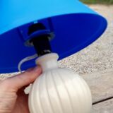 Bedside lamp, ceramic ball foot cream, blue lampshade, circa 70's