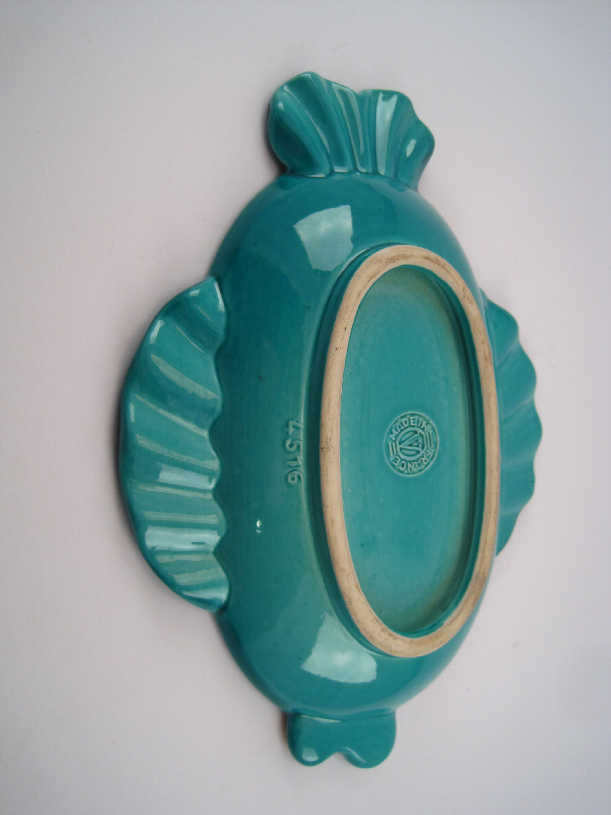 Empty cup stylized fish pocket green earthenware enamelled VERCERAM 1950 to 1970