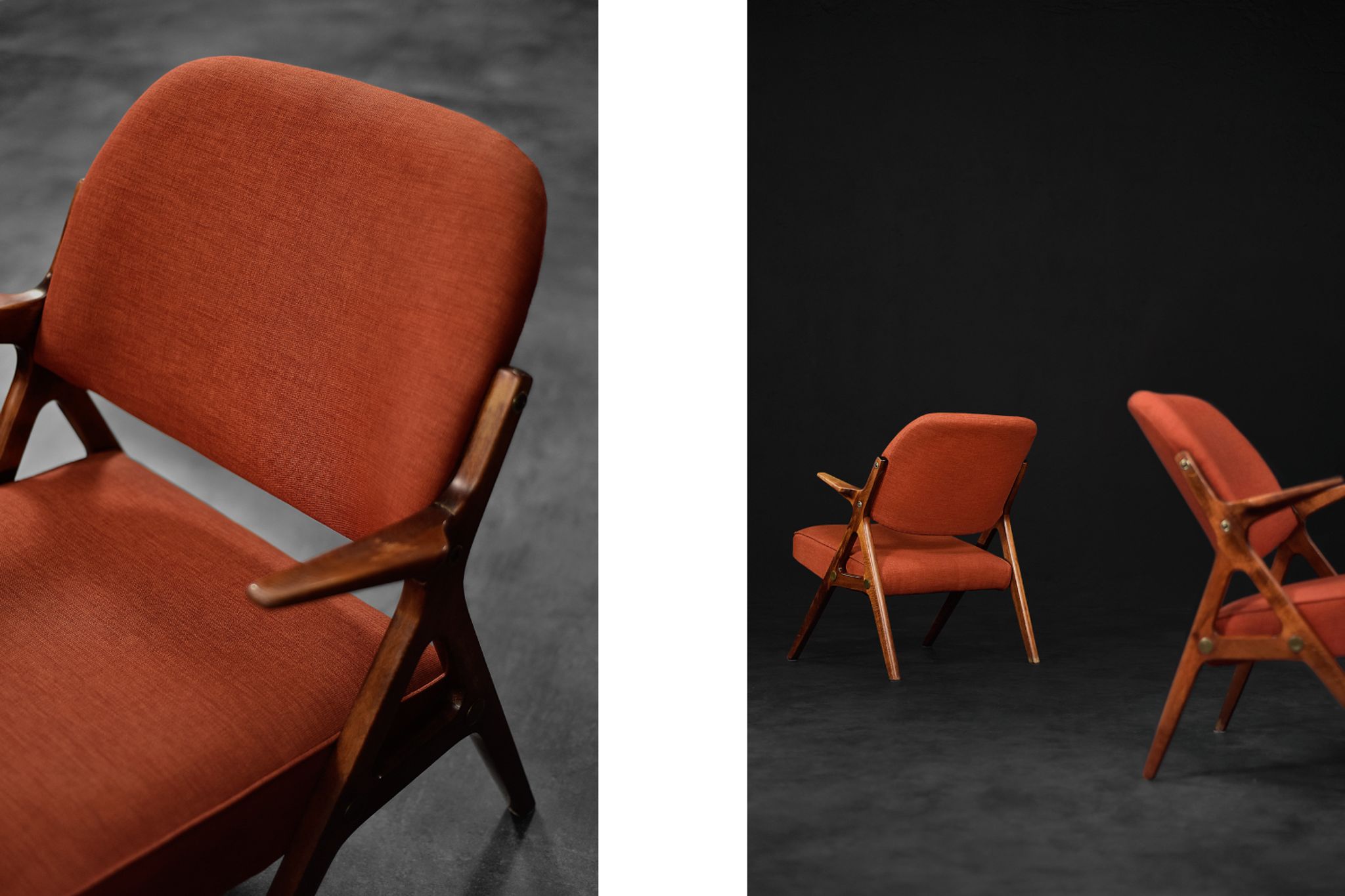 Vintage scandinavian modern oak & crimson fabric nya flugan armchairs from bröderna anderssons