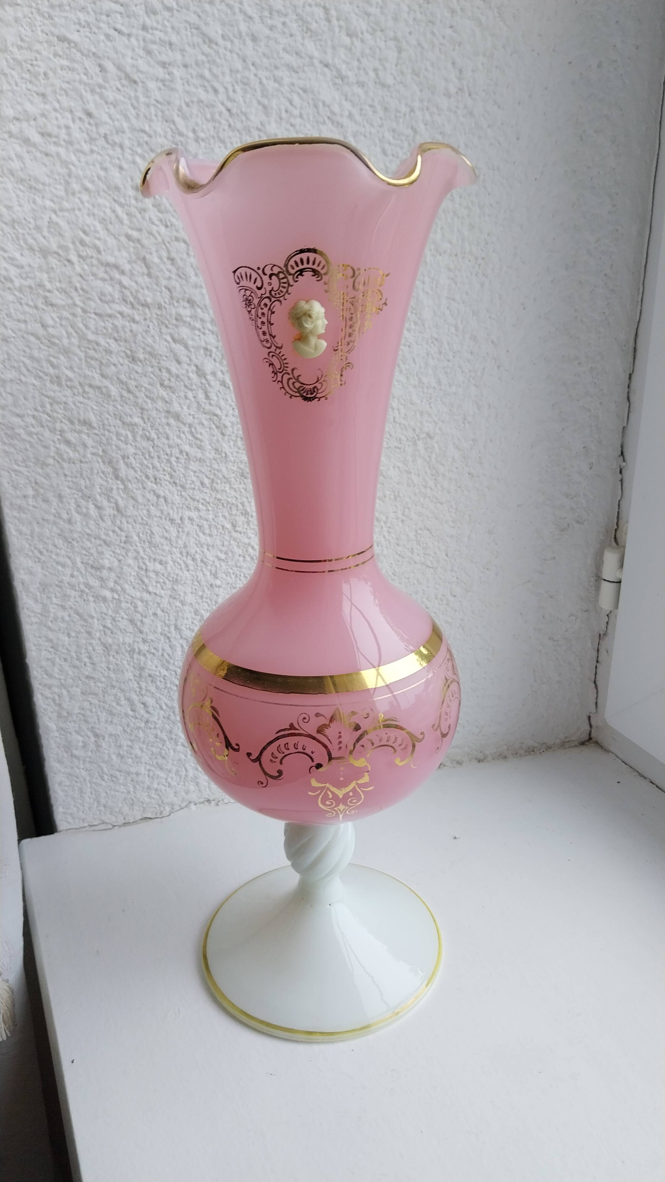 Opaline pink vase with cameo and gilding, 35cm