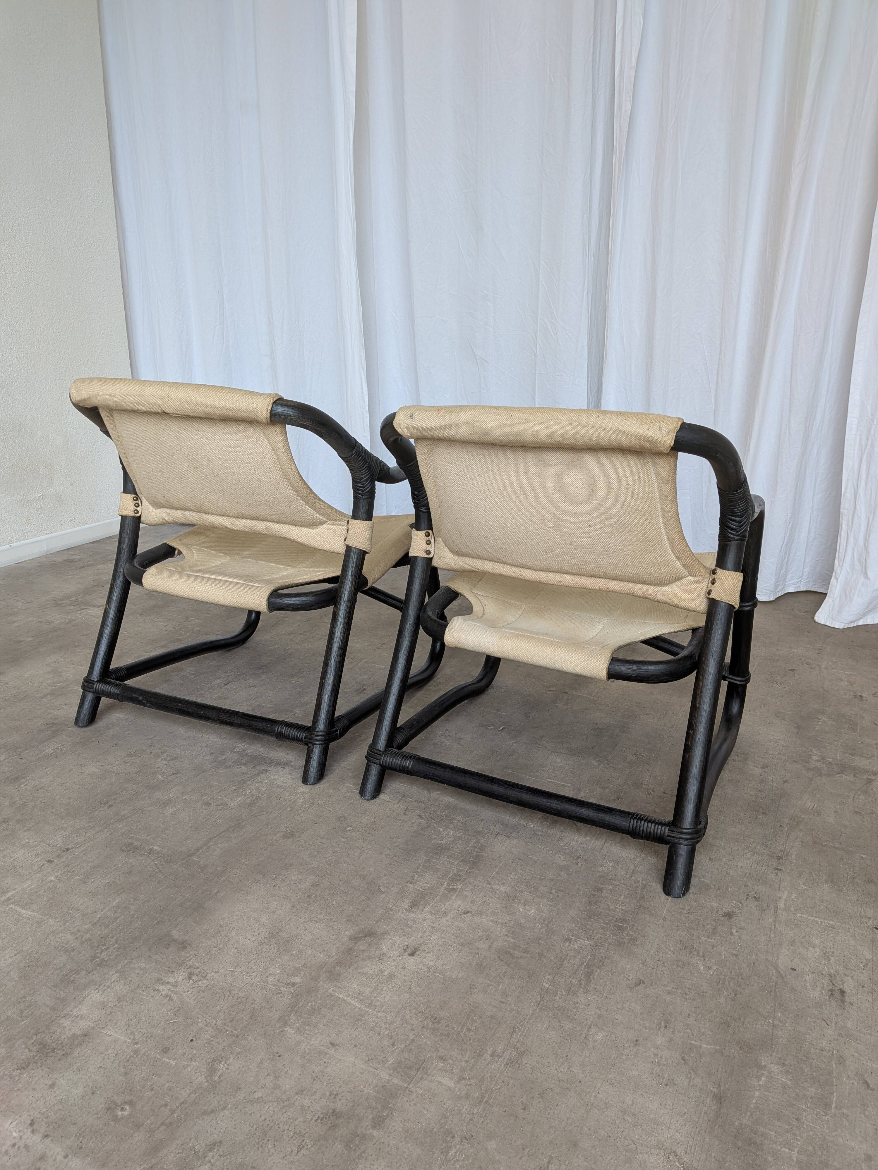 2 Vintage Espri Safari Lounge Armchairs / Rare Mid-century Black Bamboo and Beige Fabric Easy C