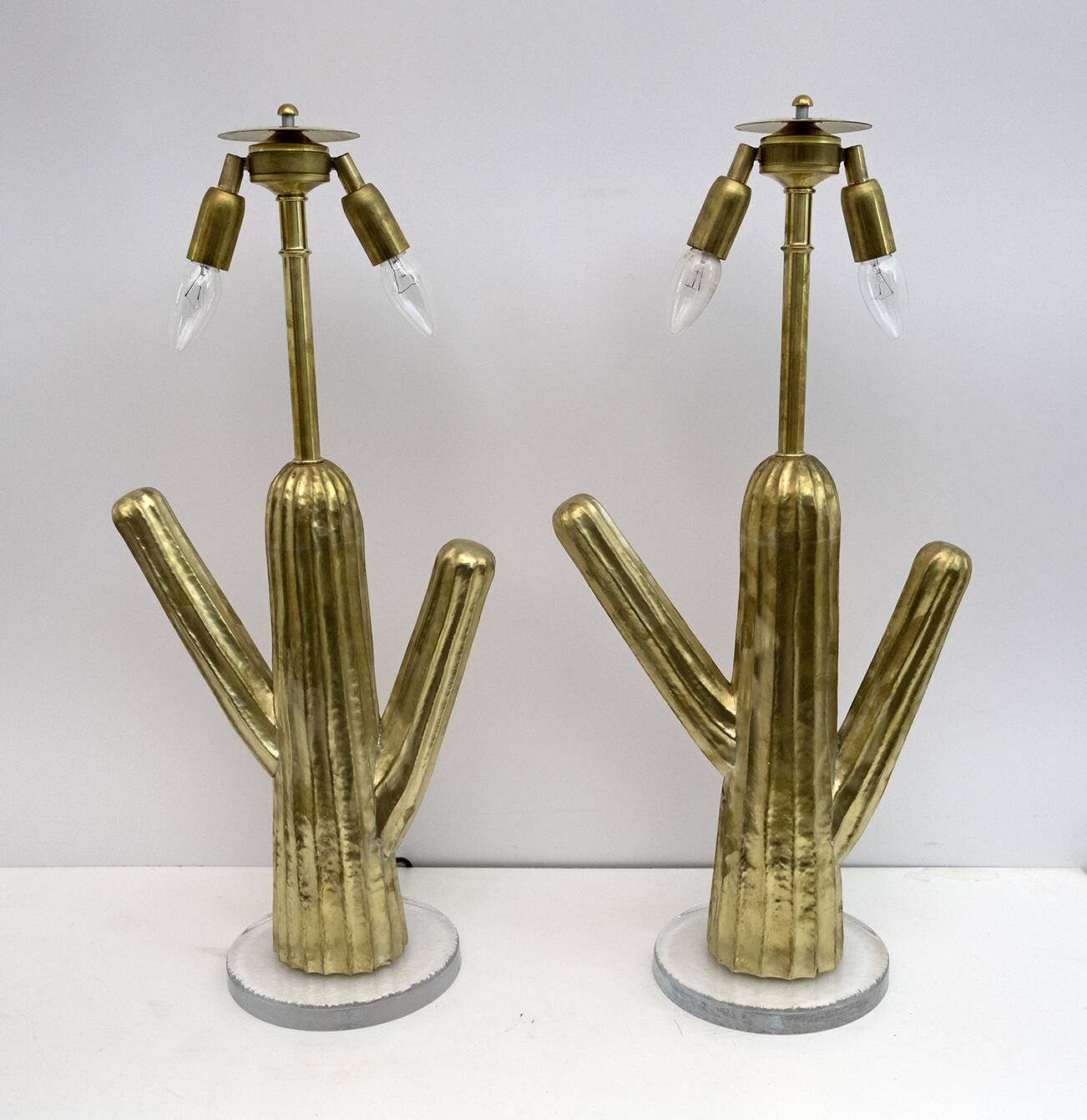 Pair of Hollywood Regency Rattan and Brass Cactus Lamps, Italy, 1990s